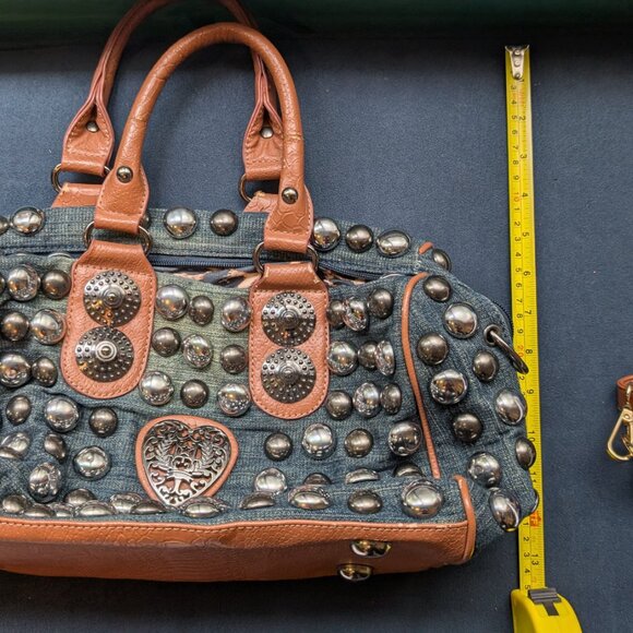 Studded Denim and brown tassel shoulder bag tote - Picture 5 of 8